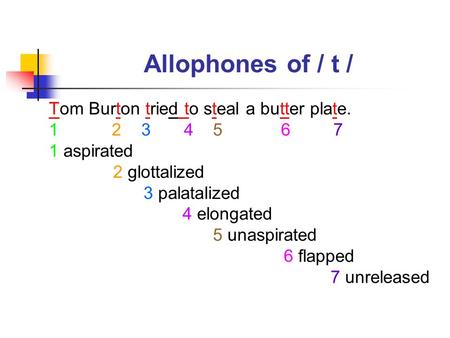 Allophones of / t / Tom Burton tried to steal a butter plate. 1 2 3 4 5 6 7 1 aspirated 2 glottalized 3 palatalized 4 elongated 5 unaspirated 6 flapped.