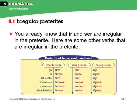 Copyright © 2014 Vista Higher Learning. All rights reserved.9.1-1 You already know that ir and ser are irregular in the preterite. Here are some other.