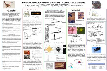 NEW NEUROPHYSIOLOGY LABORTORY COURSE TO START AT UK SPRING 2013 R.L. Cooper, J. Titlow, Dept of Biology, Univ. of Kentucky; Z. R. Majeed, Dept.of Biology,