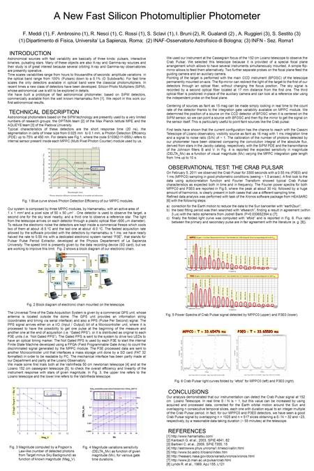 A New Fast Silicon Photomultiplier Photometer F. Meddi (1), F. Ambrosino (1), R. Nesci (1), C. Rossi (1), S. Sclavi (1), I. Bruni (2), R. Gualandi (2),