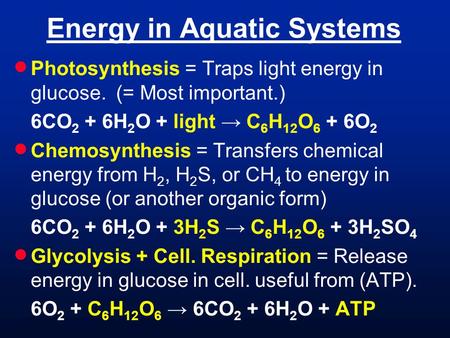 Energy in Aquatic Systems  Photosynthesis = Traps light energy in glucose. (= Most important.) 6CO 2 + 6H 2 O + light → C 6 H 12 O 6 + 6O 2  Chemosynthesis.