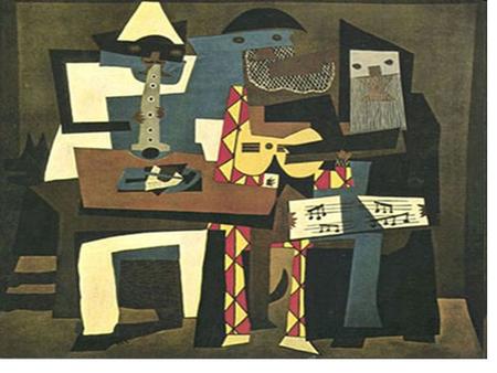 “Three Musicians” (Pablo Picasso, 1921) 1.This colourful picture shows… 2.On the left, there is … 3.In the middle is…. 4.…stands on the right. 5. In many.