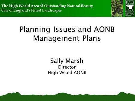 Planning Issues and AONB Management Plans Sally Marsh Director High Weald AONB The High Weald Area of Outstanding Natural Beauty One of England’s Finest.