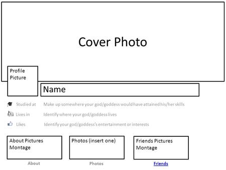 Cover Photo Name Profile Picture Studied at Lives in Likes About Pictures Montage Photos (insert one) Friends Pictures Montage Make up somewhere your god/goddess.