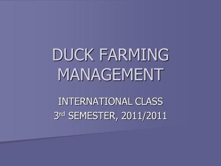 DUCK FARMING MANAGEMENT INTERNATIONAL CLASS 3 rd SEMESTER, 2011/2011.