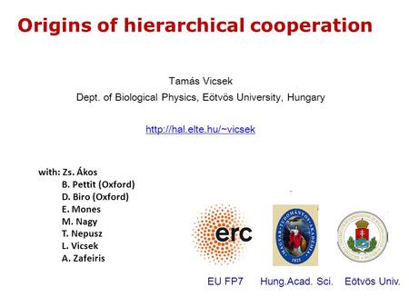 Origins of hierarchical cooperation Tamás Vicsek Dept. of Biological Physics, Eötvös University, Hungary  with: Zs. Ákos B. Pettit.