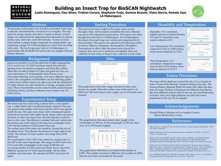 Experimental Setup Building an Insect Trap for BioSCAN Nightwatch Leslie Dominguez, Cleo Sloan, Tristian Corona, Stephanie Trejo, Gemma Busomi, Viana Garcia,