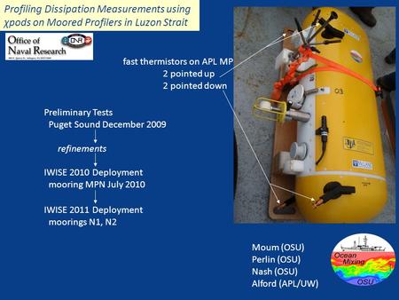 Fast thermistors on APL MP 2 pointed up 2 pointed down Profiling Dissipation Measurements using χpods on Moored Profilers in Luzon Strait Moum (OSU) Perlin.