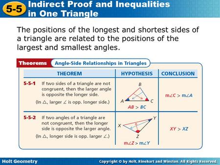 The positions of the longest and shortest sides of a triangle are related to the positions of the largest and smallest angles.