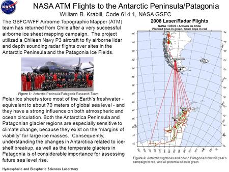 NASA ATM Flights to the Antarctic Peninsula/Patagonia William B. Krabill, Code 614.1, NASA GSFC The GSFC/WFF Airborne Topographic Mapper (ATM) team has.