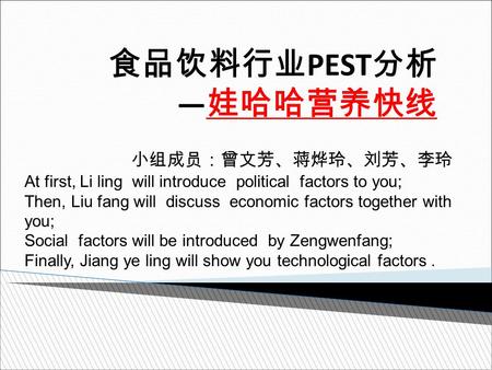 食品饮料行业 PEST 分析 — 娃哈哈营养快线 小组成员：曾文芳、蒋烨玲、刘芳、李玲 At first, Li ling will introduce political factors to you; Then, Liu fang will discuss economic factors together.