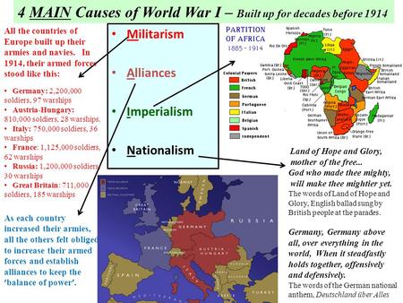 Militarism Alliances Imperialism Nationalism 4 MAIN Causes of World War I – Built up for decades before 1914 All the countries of Europe built up their.