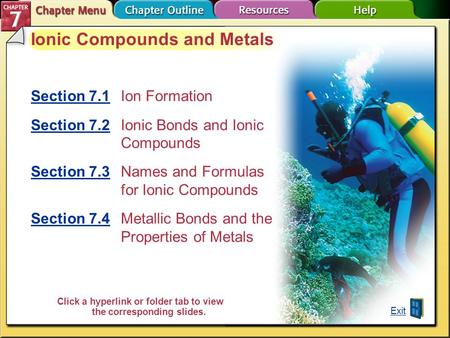 Chapter Menu Ionic Compounds and Metals Section 7.1Section 7.1Ion Formation Section 7.2Section 7.2 Ionic Bonds and Ionic Compounds Section 7.3Section.