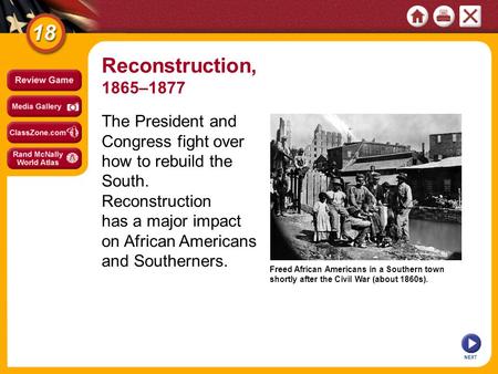 Freed African Americans in a Southern town shortly after the Civil War (about 1860s). NEXT The President and Congress fight over how to rebuild the South.