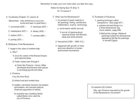 Notes for Spring Quiz 10 (Day 1) Remember to make your own notes when you take this copy. Ch 13 Lesson 2 2. masterpiece (437) – A. Vocabulary (Chapter.