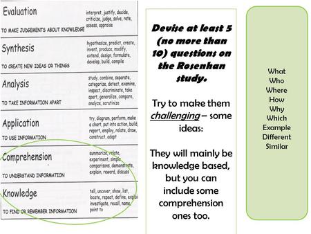 Devise at least 5 (no more than 10) questions on the Rosenhan study. Try to make them challenging – some ideas: They will mainly be knowledge based, but.