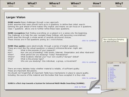 Who? What? Where? When? How? Why? AuthorsTitles Places Dates Introductions Reasons See path Up - back Topic Choices Levels Refresh SUMS 1. Sources 2. Literature.