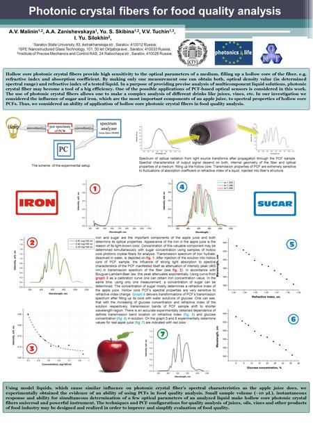 Photonic crystal fibers for food quality analysis A.V. Malinin 1,2, A.A. Zanishevskaya 1, Yu. S. Skibina 1,2, V.V. Tuchin 1,3, I. Yu. Silokhin 2, 1 Saratov.