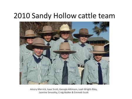 2010 Sandy Hollow cattle team Amory Merrick, Isaac Scott, Georgie Atkinson, Leah Wright-Riley, Jasmine Smoothy, Craig Walker & Emmett Scott.