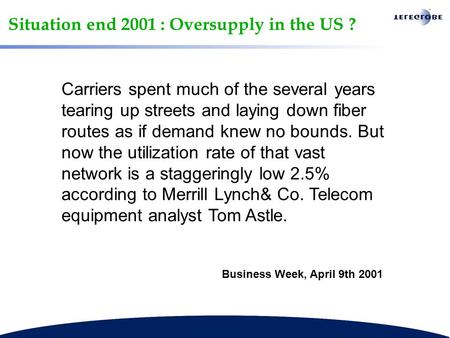 Situation end 2001 : Oversupply in the US ? Carriers spent much of the several years tearing up streets and laying down fiber routes as if demand knew.