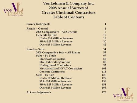 Survey Participants1 Results – General4 2008 Comparatives – All Generals5 Generals By Size17 Under $10 Million Revenue18 $10 to $25 Million Revenue30 Over.