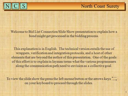 North Coast Surety 1 Welcome to Bid List Connection Slide Show presentation to explain how a bond might get processed in the bidding process. This explanation.