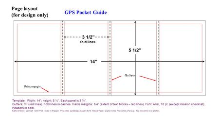 Template: Width: 14”; height: 5 ½”. Each panel is 3 ½”. Gutters: ¼” (red lines). Fold lines in dashes. Inside margins: 1/4” (extent of text blocks – red.