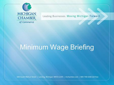 Minimum Wage Briefing. History of the Minimum Wage in MI YearFederalMichigan 1983$3.35 1996$4.75 1997$5.15 2006$5.15$6.95 2007$5.85$7.15 2008$6.55$7.40.