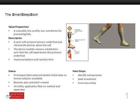 Boston University Slideshow Title Goes Here 1 The SmartSleepSock Value Proposition A wearable, low-profile, low-cost device for preventing falls. Description.