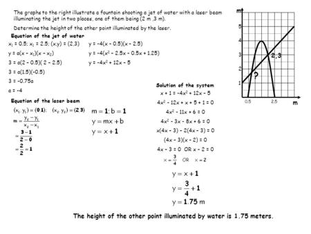 1 2 3 4 5 m 0.5 m 2,3 2.5 ? The graphs to the right illustrate a fountain shooting a jet of water with a laser beam illuminating the jet in two places,