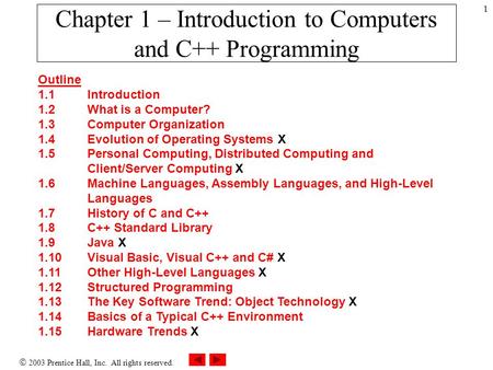  2003 Prentice Hall, Inc. All rights reserved. 1 Chapter 1 – Introduction to Computers and C++ Programming Outline 1.1 Introduction 1.2 What is a Computer?