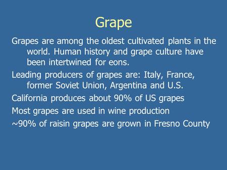 Grape Grapes are among the oldest cultivated plants in the world. Human history and grape culture have been intertwined for eons. Leading producers of.