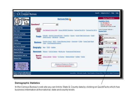 Demographic Statistics In the Census Bureau’s web site you can link to State & County data by clicking on QuickFacts which has business information at.