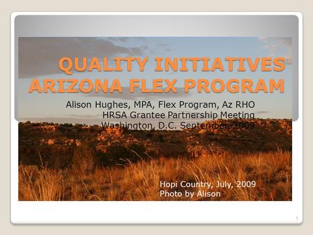 QUALITY INITIATIVES ARIZONA FLEX PROGRAM Alison Hughes, MPA, Flex Program, Az RHO HRSA Grantee Partnership Meeting Washington, D.C. September, 2009 1 Hopi.