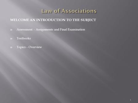 WELCOME AN INTRODUCTION TO THE SUBJECT  Assessment – Assignments and Final Examination  Textbooks  Topics – Overview 1.