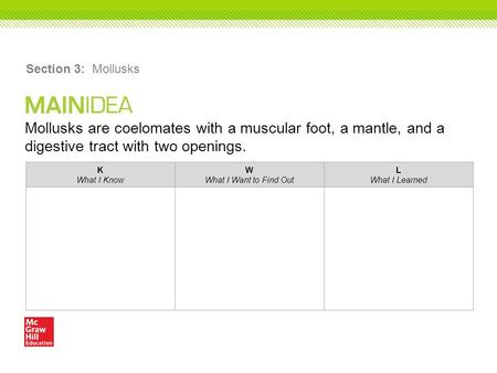 Section 3: Mollusks Mollusks are coelomates with a muscular foot, a mantle, and a digestive tract with two openings. K What I Know W What I Want to Find.