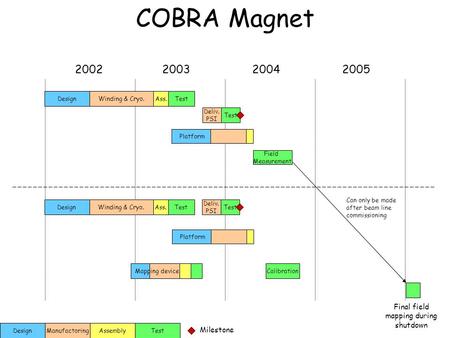 COBRA Magnet 2002200320042005 Test Milestone AssemblyDesignManufactoring DesignAss.TestWinding & Cryo. Deliv. PSI Test Platform Calibration Mapping device.