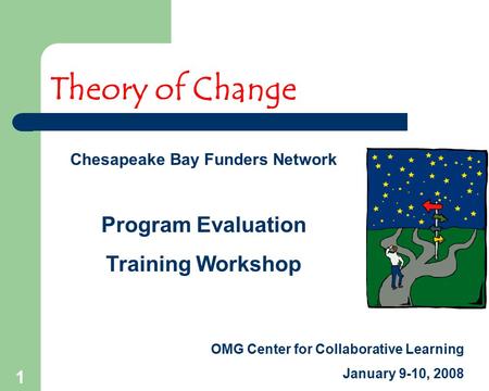 1 Theory of Change Chesapeake Bay Funders Network Program Evaluation Training Workshop OMG Center for Collaborative Learning January 9-10, 2008.