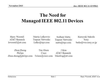 Doc.: IEEE 802.11-03/950r1 Submission November 2003 Harry Worstell, AT&T et alSlide 1 The Need for Managed IEEE 802.11 Devices Harry Worstell AT&T Research.