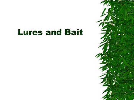 Lures and Bait. Purpose  Attached to end of line to attract fish  Resemble and mimic the fish prey  After casting, retrieving the hook acts as thought.