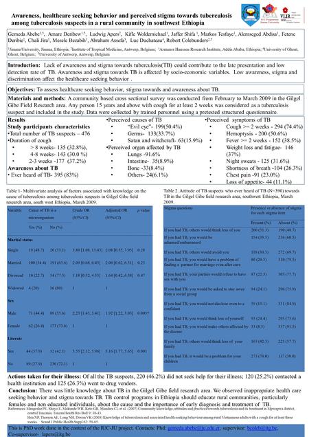 Awareness, healthcare seeking behavior and perceived stigma towards tuberculosis among tuberculosis suspects in a rural community in southwest Ethiopia.