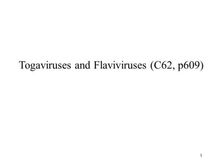 1 Togaviruses and Flaviviruses (C62, p609). 2 1. Structure (+ssRNA, icosahedral capsid and envelope)(Fig. 1)