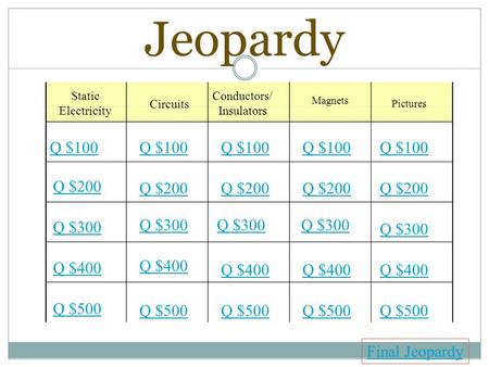 Jeopardy Static Electricity Circuits Conductors/ Insulators Magnets Pictures Q $100 Q $200 Q $300 Q $400 Q $500 Q $100 Q $200 Q $300 Q $400 Q $500 Final.