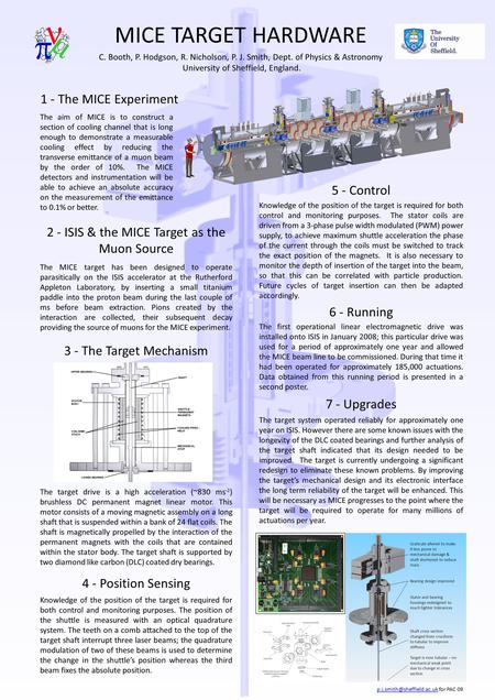 MICE TARGET HARDWARE C. Booth, P. Hodgson, R. Nicholson, P. J. Smith, Dept. of Physics & Astronomy University of Sheffield, England. 1 - The MICE Experiment.