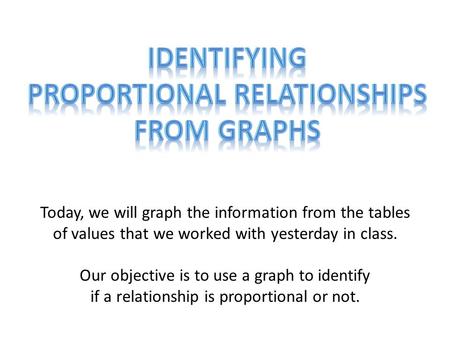 Today, we will graph the information from the tables of values that we worked with yesterday in class. Our objective is to use a graph to identify if a.