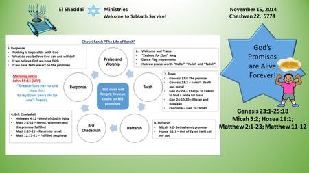 Genesis 23:1-25:18 Micah 5:2; Hosea 11:1; Matthew 2:1-23; Matthew 11-12 1 El Shaddai Ministries November 15, 2014 Welcome to Sabbath Service! Cheshvan.