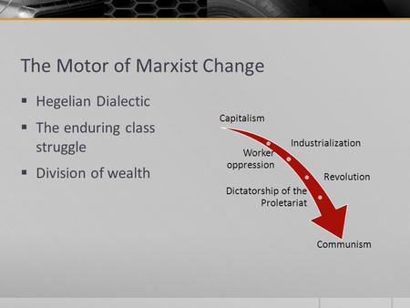 The Motor of Marxist Change  Hegelian Dialectic  The enduring class struggle  Division of wealth Capitalism Industrialization Worker oppression Revolution.