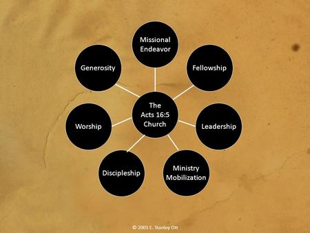 © 2003 E. Stanley Ott Worship Discipleship Ministry Mobilization Leadership Fellowship Missional Endeavor The Acts 16:5 Church Generosity.