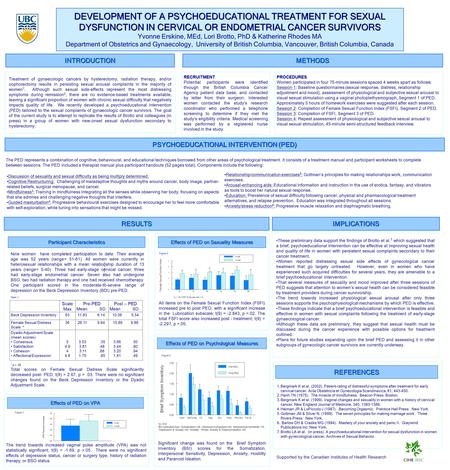 DEVELOPMENT OF A PSYCHOEDUCATIONAL TREATMENT FOR SEXUAL DYSFUNCTION IN CERVICAL OR ENDOMETRIAL CANCER SURVIVORS Yvonne Erskine, MEd, Lori Brotto, PhD &