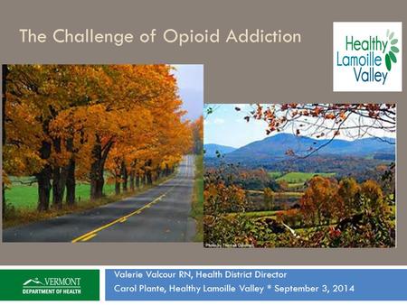 The Challenge of Opioid Addiction Valerie Valcour RN, Health District Director Carol Plante, Healthy Lamoille Valley * September 3, 2014.